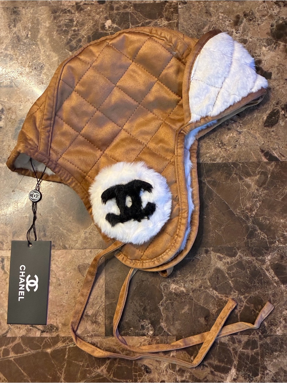 Double C Faux Fur Trapper Hat Tan with white and black